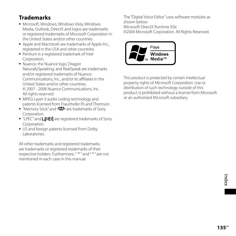 Trademarks | Sony ICD-SX800 User Manual | Page 135 / 136