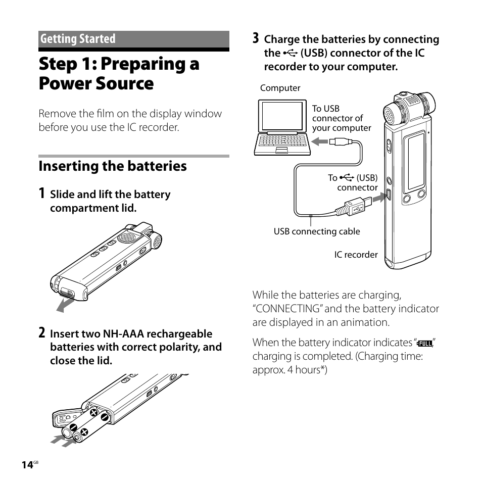 Getting started, Step 1: preparing a power source, Inserting the batteries | Sony ICD-SX800 User Manual | Page 14 / 136