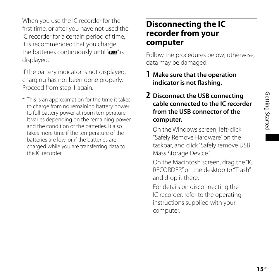 Disconnecting the ic recorder from your computer, Disconnecting the ic recorder from, Your computer | Sony ICD-SX800 User Manual | Page 15 / 136