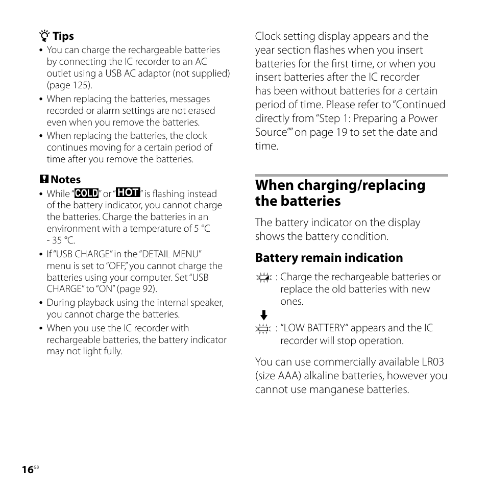 When charging/replacing the batteries, When charging/replacing the, Batteries | Battery remain indication | Sony ICD-SX800 User Manual | Page 16 / 136