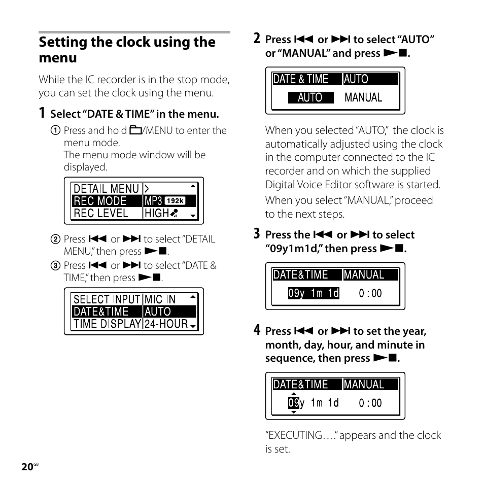 Setting the clock using the menu, Setting the clock using, The menu | Sony ICD-SX800 User Manual | Page 20 / 136