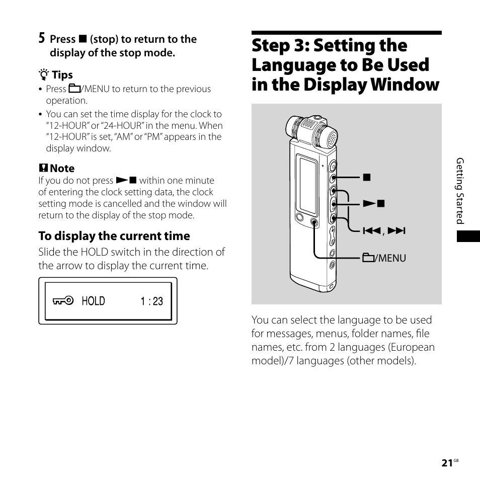 Step 3: setting the language to be, Used in the display window | Sony ICD-SX800 User Manual | Page 21 / 136