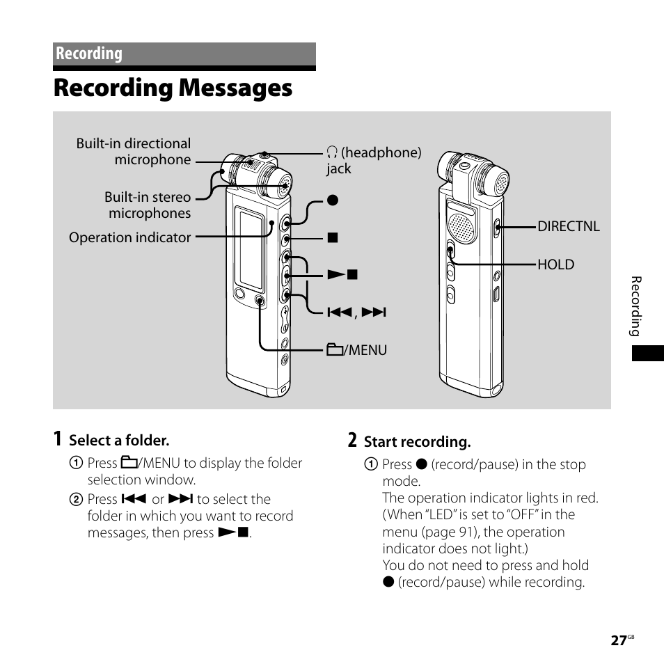 Recording, Recording messages | Sony ICD-SX800 User Manual | Page 27 / 136