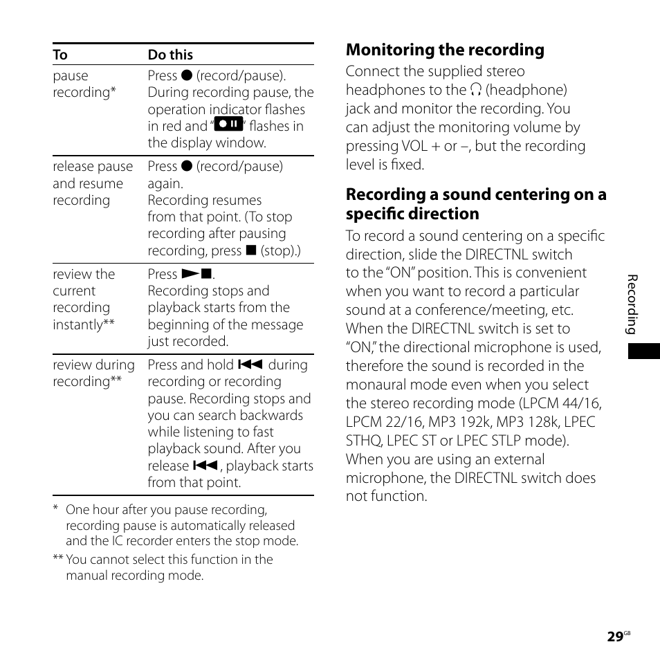 Monitoring the recording | Sony ICD-SX800 User Manual | Page 29 / 136