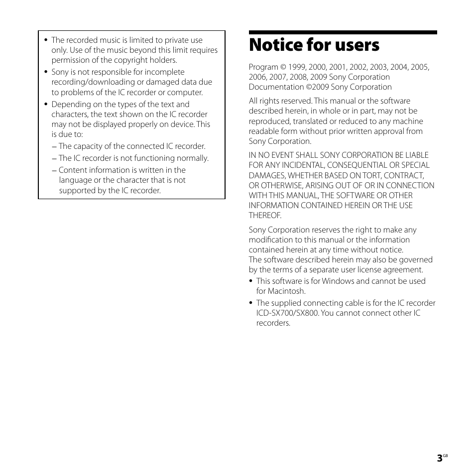 Notice for users | Sony ICD-SX800 User Manual | Page 3 / 136