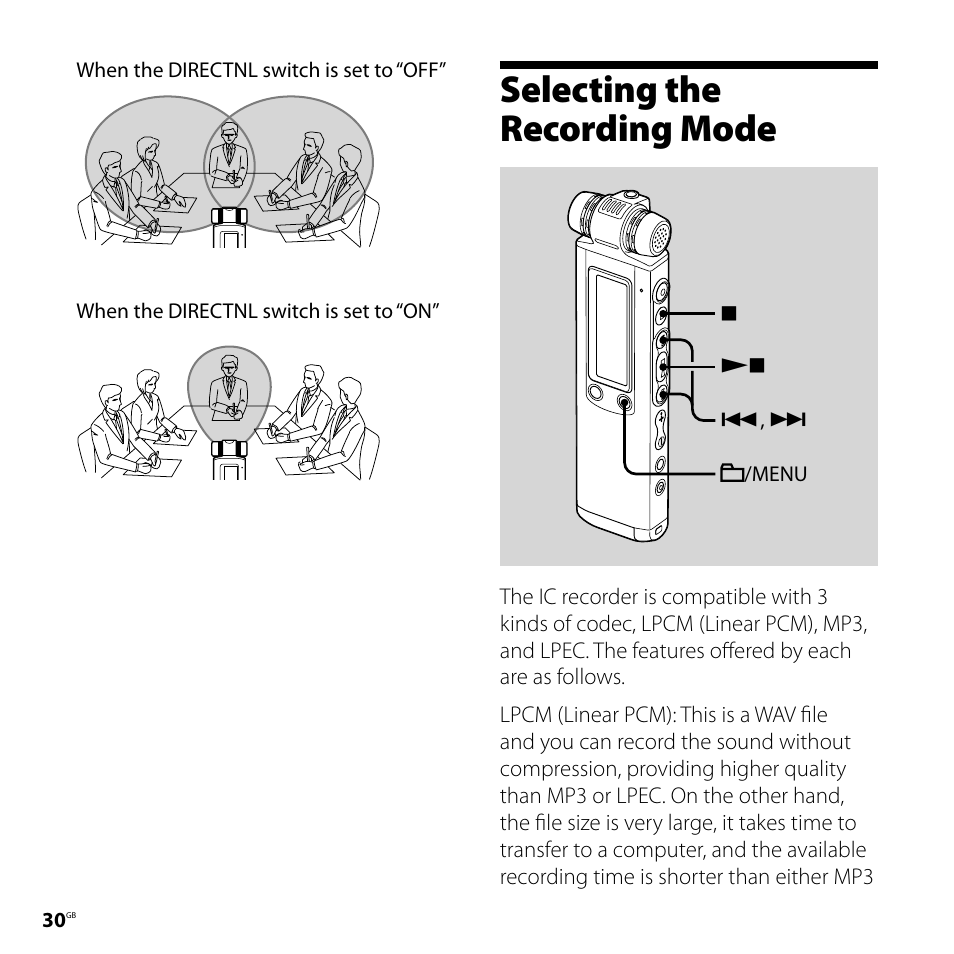 Selecting the recording mode | Sony ICD-SX800 User Manual | Page 30 / 136