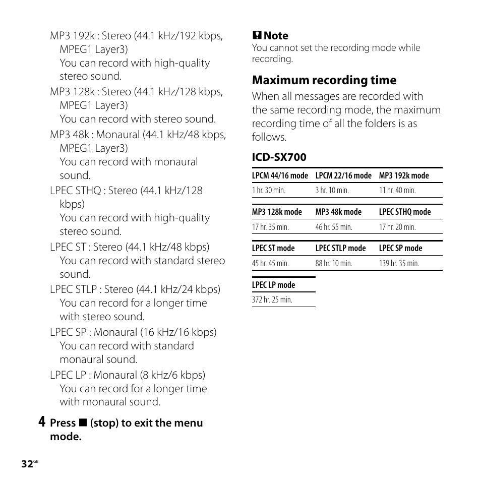 Maximum recording time | Sony ICD-SX800 User Manual | Page 32 / 136