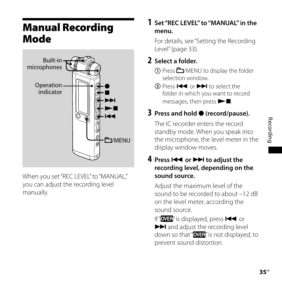 Manual recording mode | Sony ICD-SX800 User Manual | Page 35 / 136