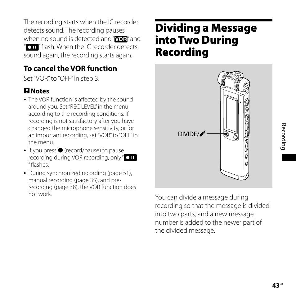 Dividing a message into two during recording, Dividing a message into two during, Recording | Sony ICD-SX800 User Manual | Page 43 / 136