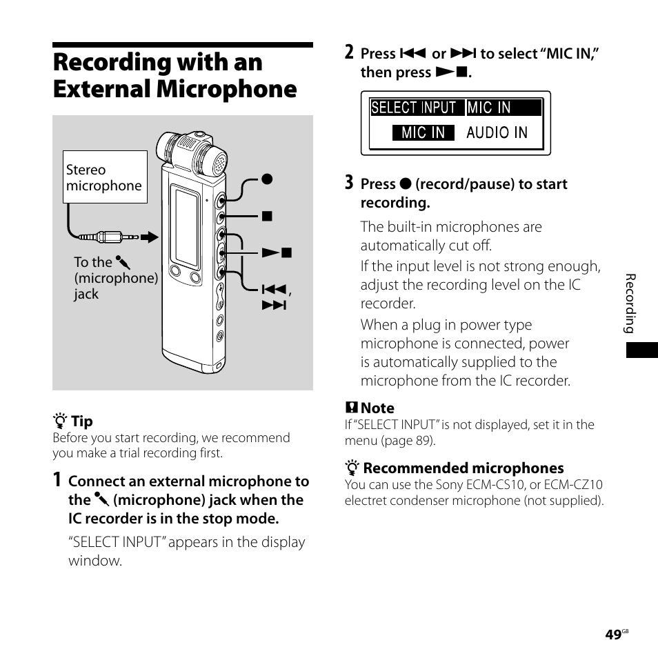 Recording with an external microphone, Recording with an external, Microphone | Sony ICD-SX800 User Manual | Page 49 / 136
