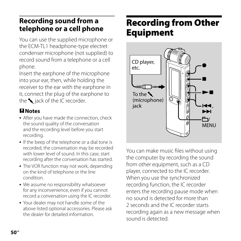Recording sound from a telephone or a cell phone, Recording from other equipment, Recording sound from a telephone | Or a cell phone | Sony ICD-SX800 User Manual | Page 50 / 136
