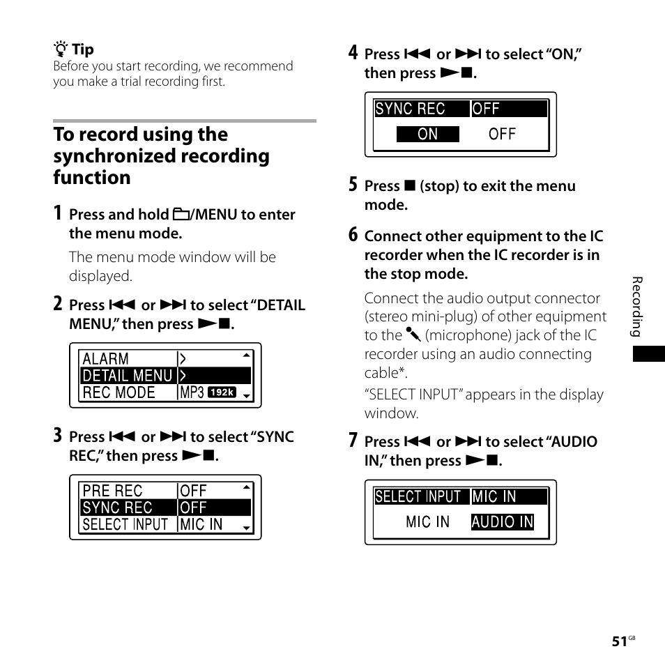 To record using the synchronized, Recording function | Sony ICD-SX800 User Manual | Page 51 / 136