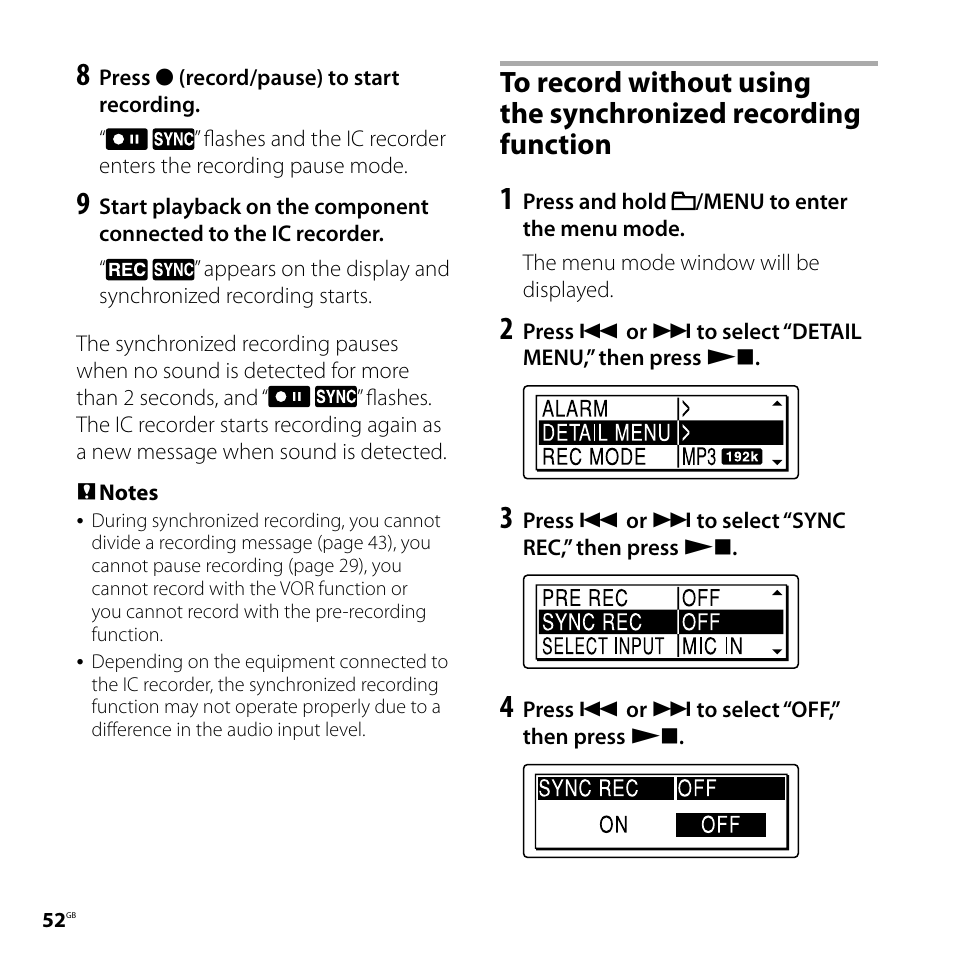 To record without using the, Synchronized recording function | Sony ICD-SX800 User Manual | Page 52 / 136