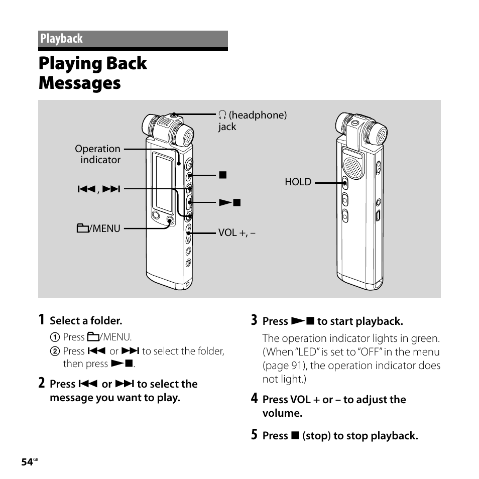 Playback, Playing back messages | Sony ICD-SX800 User Manual | Page 54 / 136
