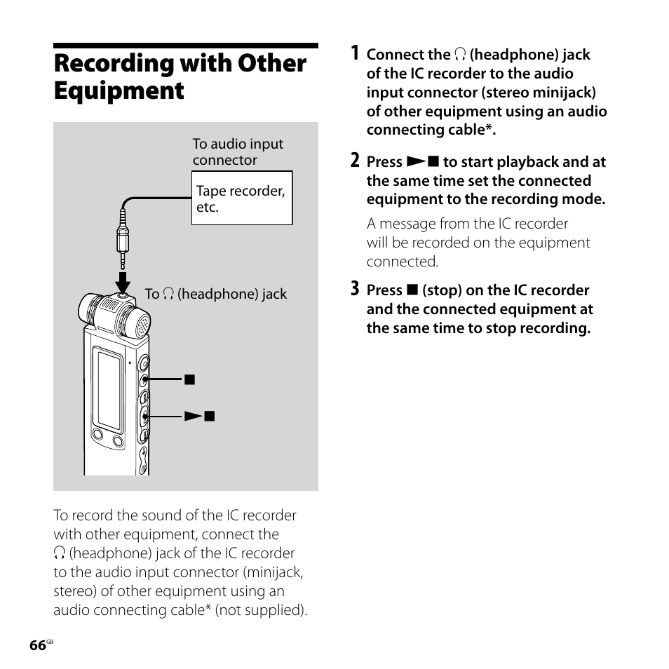 Recording with other equipment | Sony ICD-SX800 User Manual | Page 66 / 136