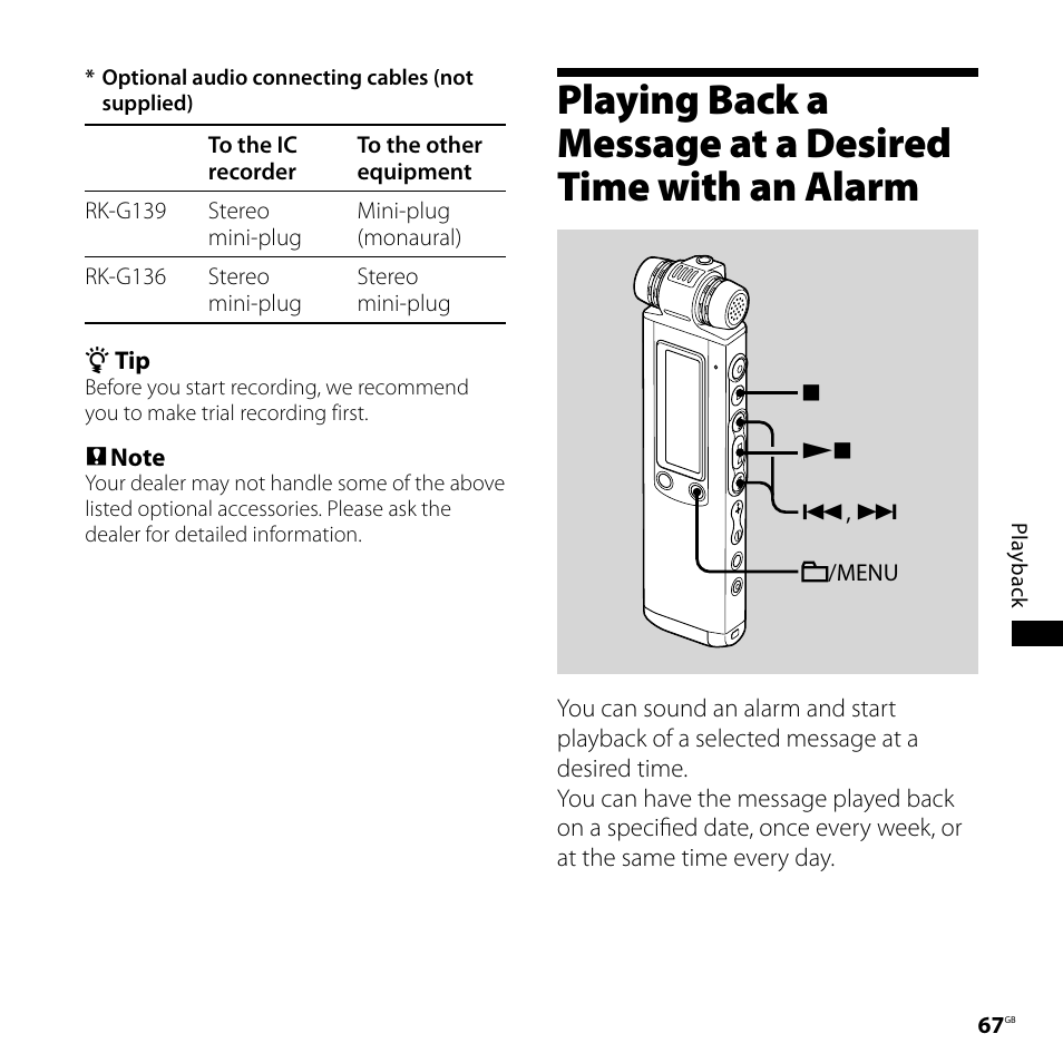 Playing back a message at a desired, Time with an alarm | Sony ICD-SX800 User Manual | Page 67 / 136