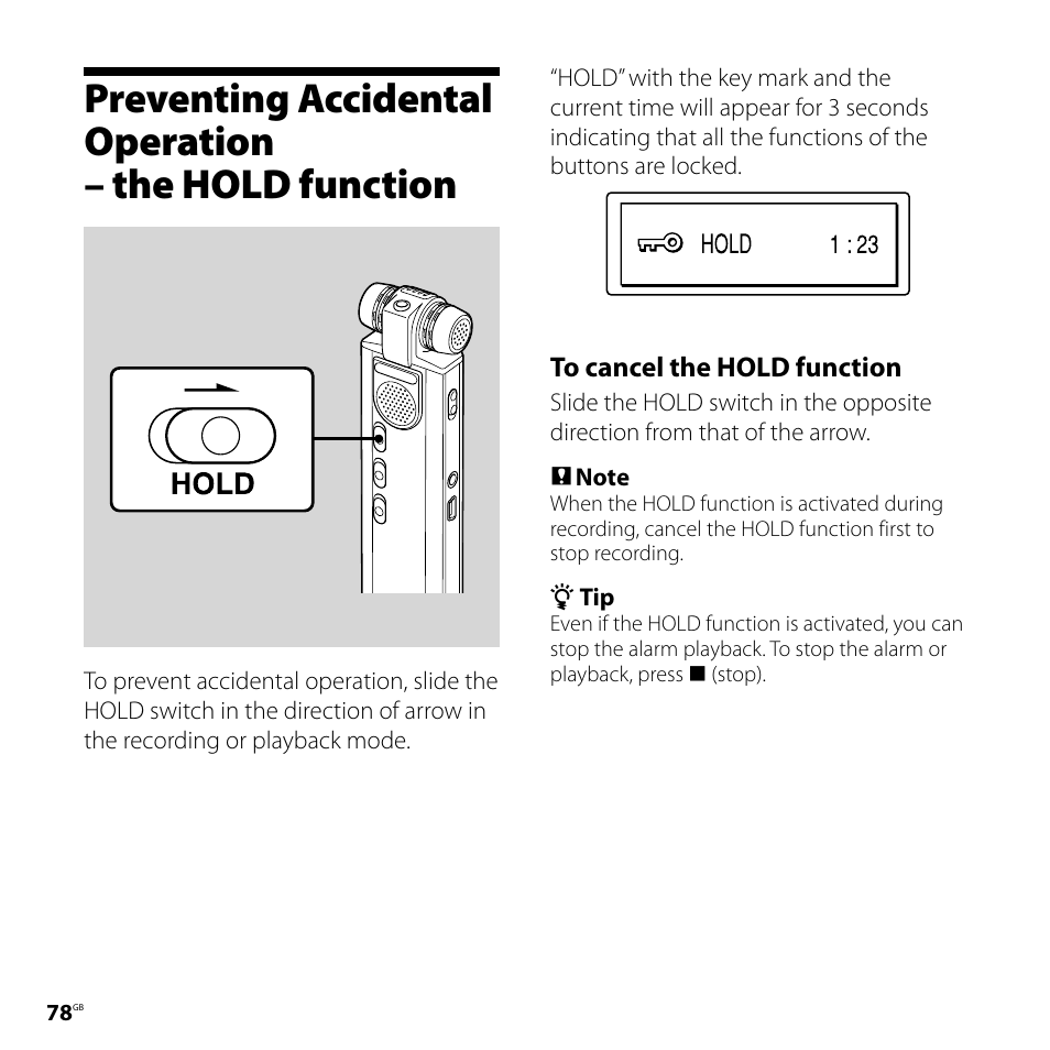 Preventing accidental operation, The hold function | Sony ICD-SX800 User Manual | Page 78 / 136