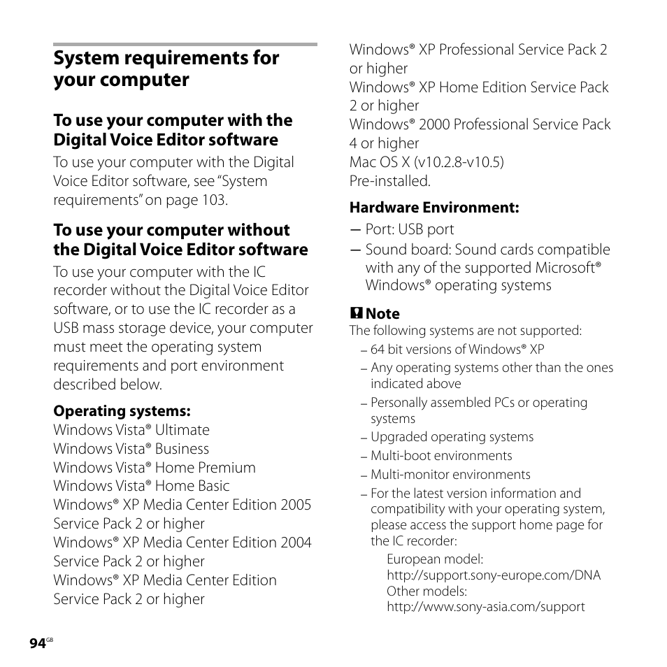 System requirements for your computer, System requirements for your, Computer | Sony ICD-SX800 User Manual | Page 94 / 136