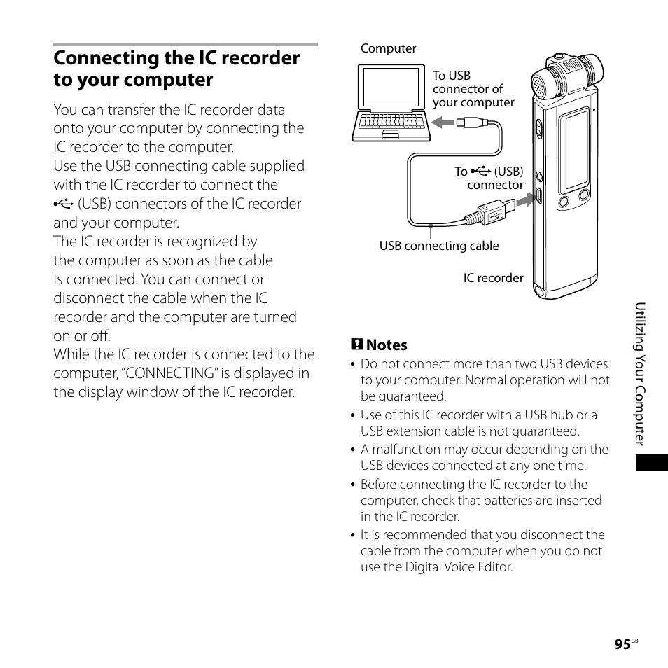 Connecting the ic recorder to your computer, Connecting the ic recorder to your, Computer | Sony ICD-SX800 User Manual | Page 95 / 136