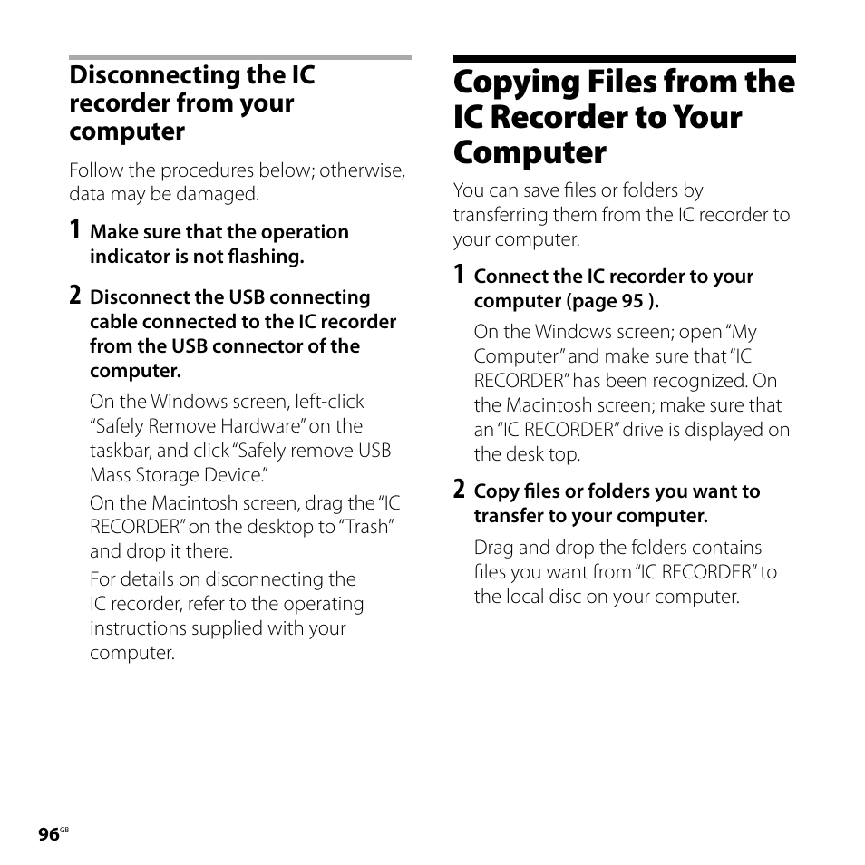 Disconnecting the ic recorder from your computer, Disconnecting the ic recorder from, Your computer | Copying files from the ic recorder to | Sony ICD-SX800 User Manual | Page 96 / 136