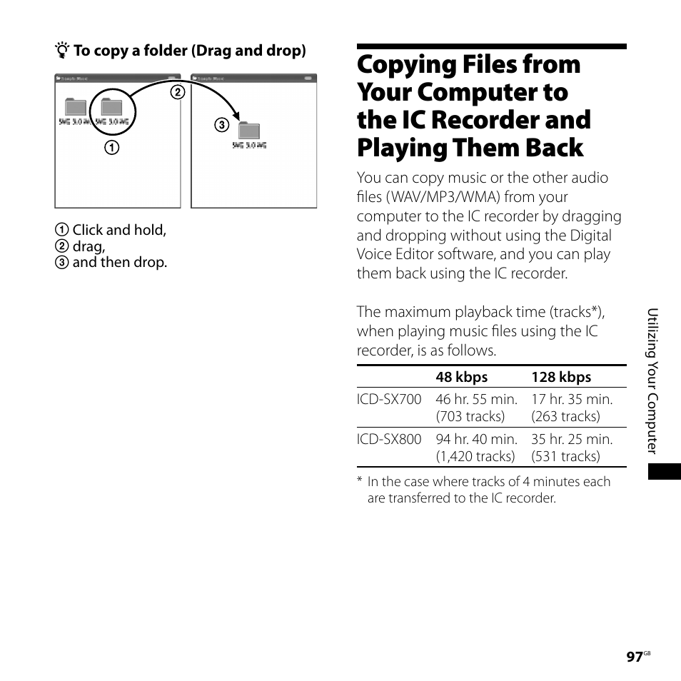 Copying files from your computer to, The ic recorder and playing them, Back | Sony ICD-SX800 User Manual | Page 97 / 136