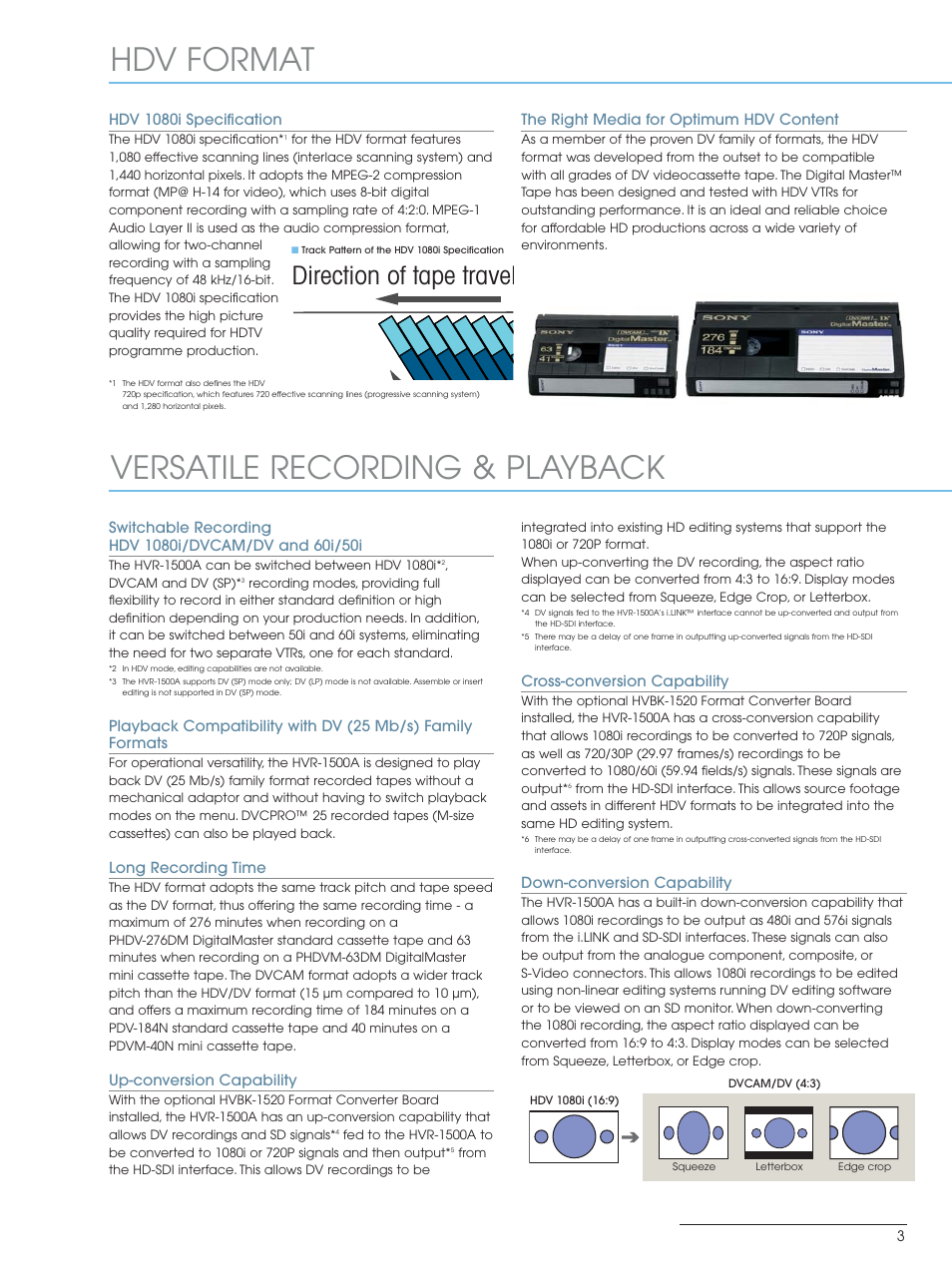 Hdv format versatile recording & playback, Direction of tape travel | Sony HVR-1500A User Manual | Page 3 / 8