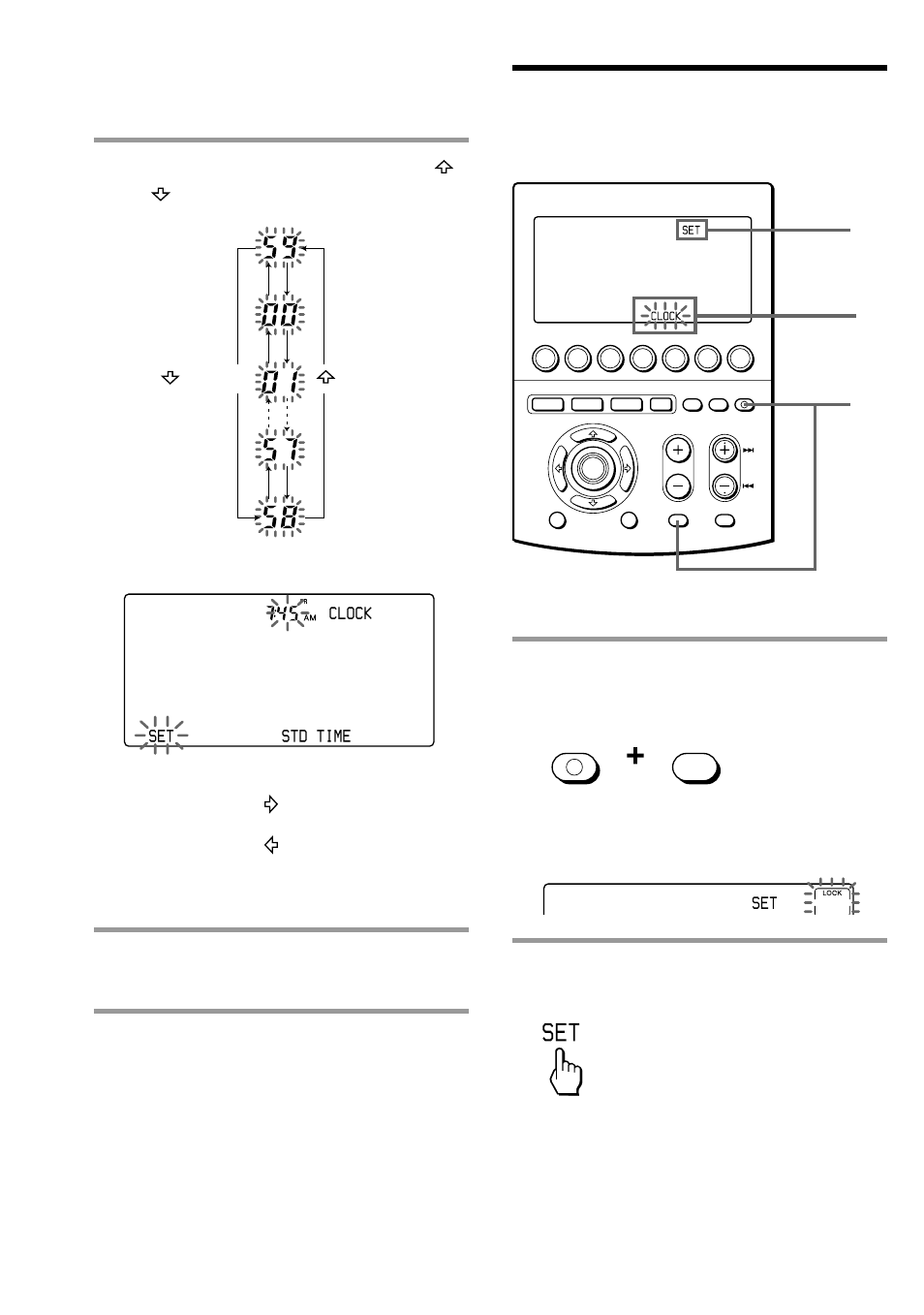 Adjusting the clock after setting the clock, Adjusting the clock after setting the clock 1, While pressing commander off, press muting | Press the mode display key (set) twice, Set the minute by pressing the or button, Press the set key, Set” appears on the mode display key, The selected minute flashes, The clock starts from 0 second, Setting the clock (continued) | Sony RM-AV3100 User Manual | Page 10 / 112