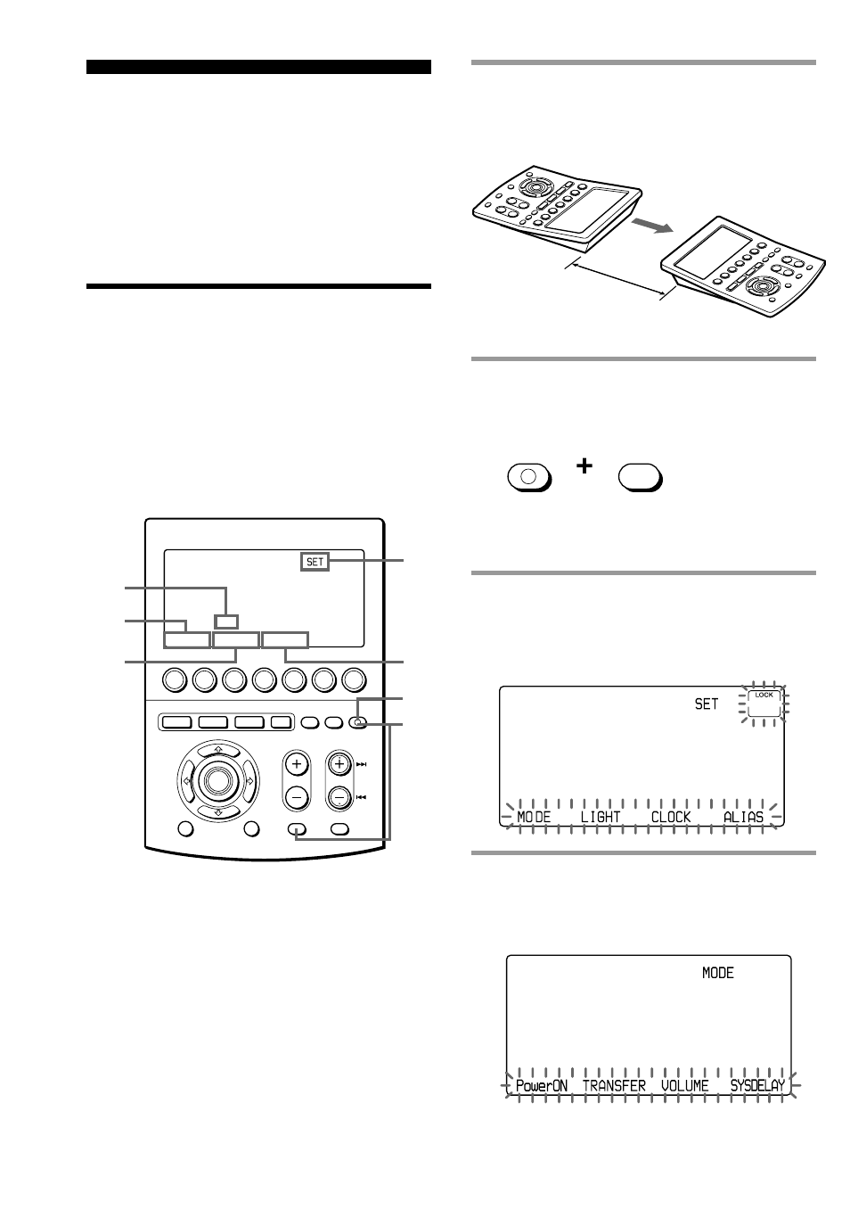 Transferring data between commanders, Transferring data, While pressing commander off, press muting | Press the mode key, Set” appears on the mode display key, Mode” appears on the mode display key | Sony RM-AV3100 User Manual | Page 56 / 112