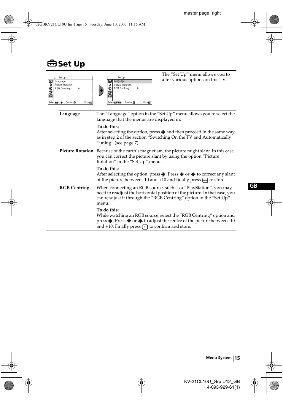 Set up | Sony KV-21CL10U User Manual | Page 15 / 24