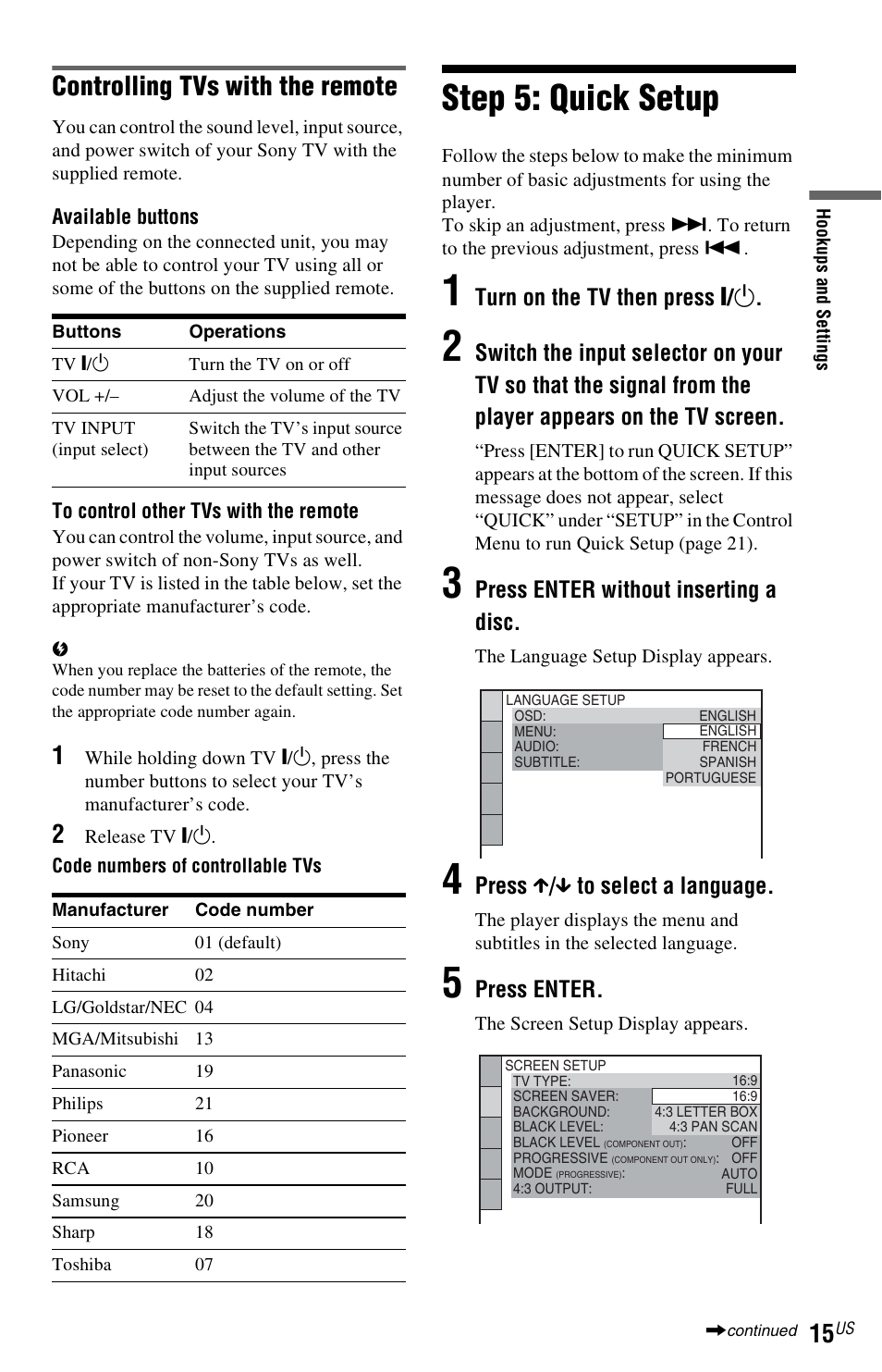 Step 5: quick setup, Controlling tvs with the remote, Turn on the tv then press [ / 1 | Press enter without inserting a disc, Press x / x to select a language, Press enter | Sony DVP-NS710H User Manual | Page 15 / 60