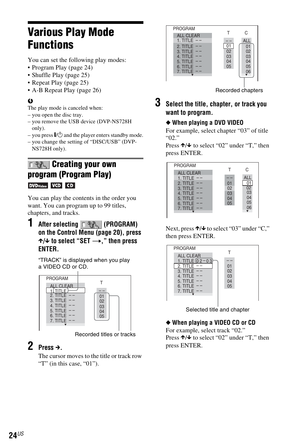 Various play mode functions, Creating your own program (program play) | Sony DVP-NS710H User Manual | Page 24 / 60