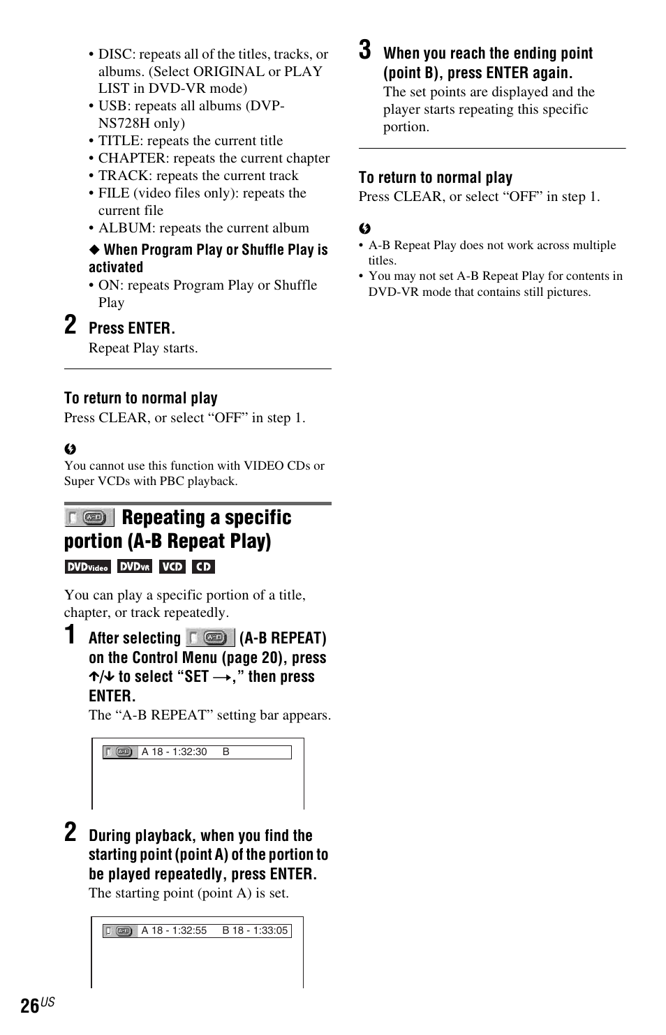 Repeating a specific portion (a-b repeat play) | Sony DVP-NS710H User Manual | Page 26 / 60