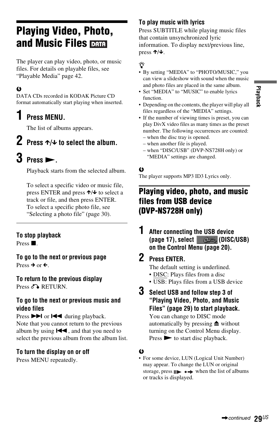 Playing video, photo, and music files, Dvp-ns728h only), Nu (29) | Sony DVP-NS710H User Manual | Page 29 / 60