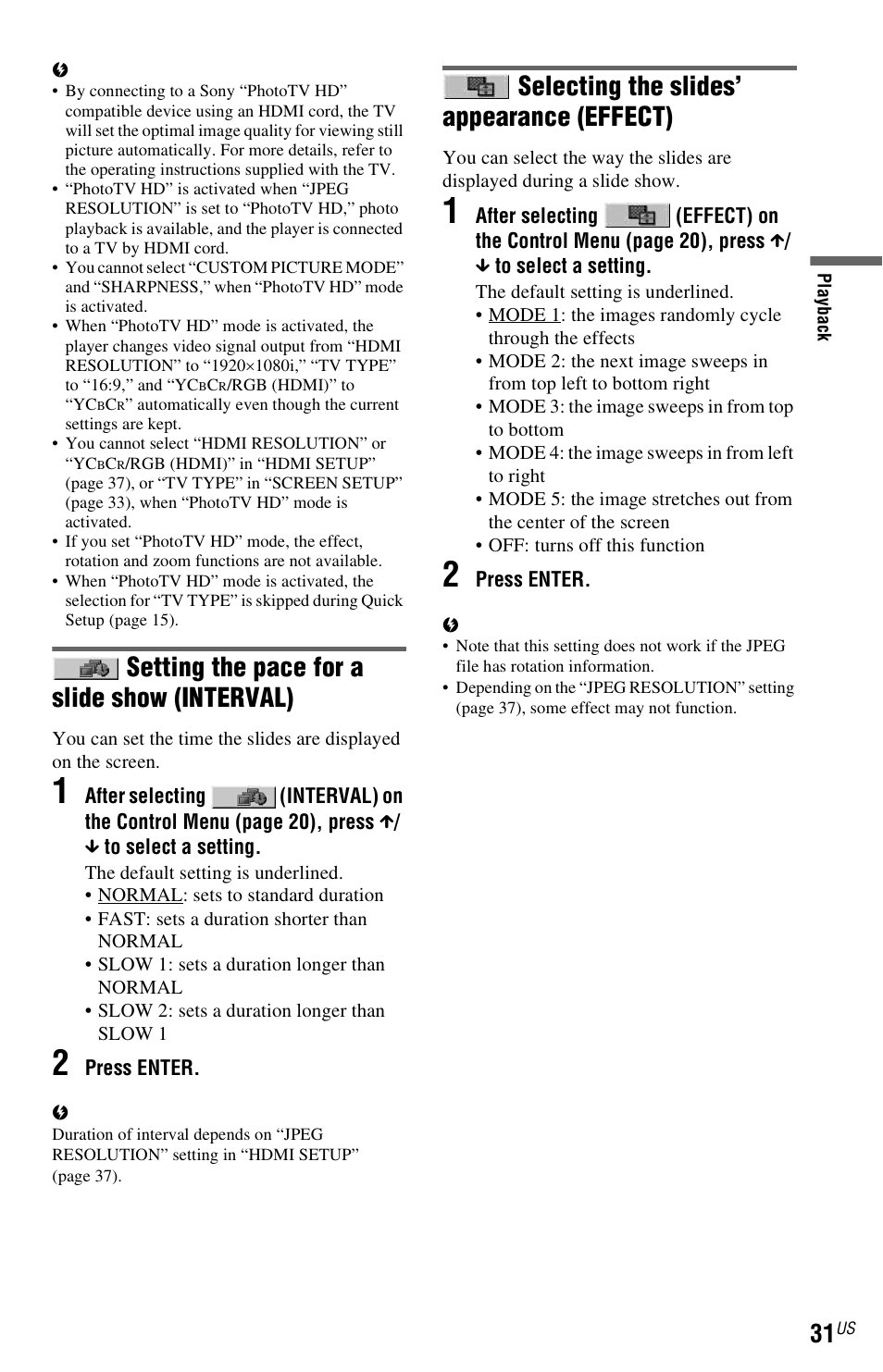 Setting the pace for a slide show (interval), Selecting the slides’ appearance (effect) | Sony DVP-NS710H User Manual | Page 31 / 60
