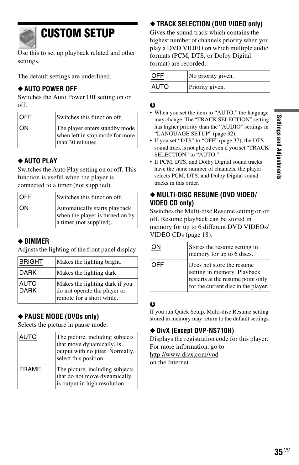 Custom setup | Sony DVP-NS710H User Manual | Page 35 / 60