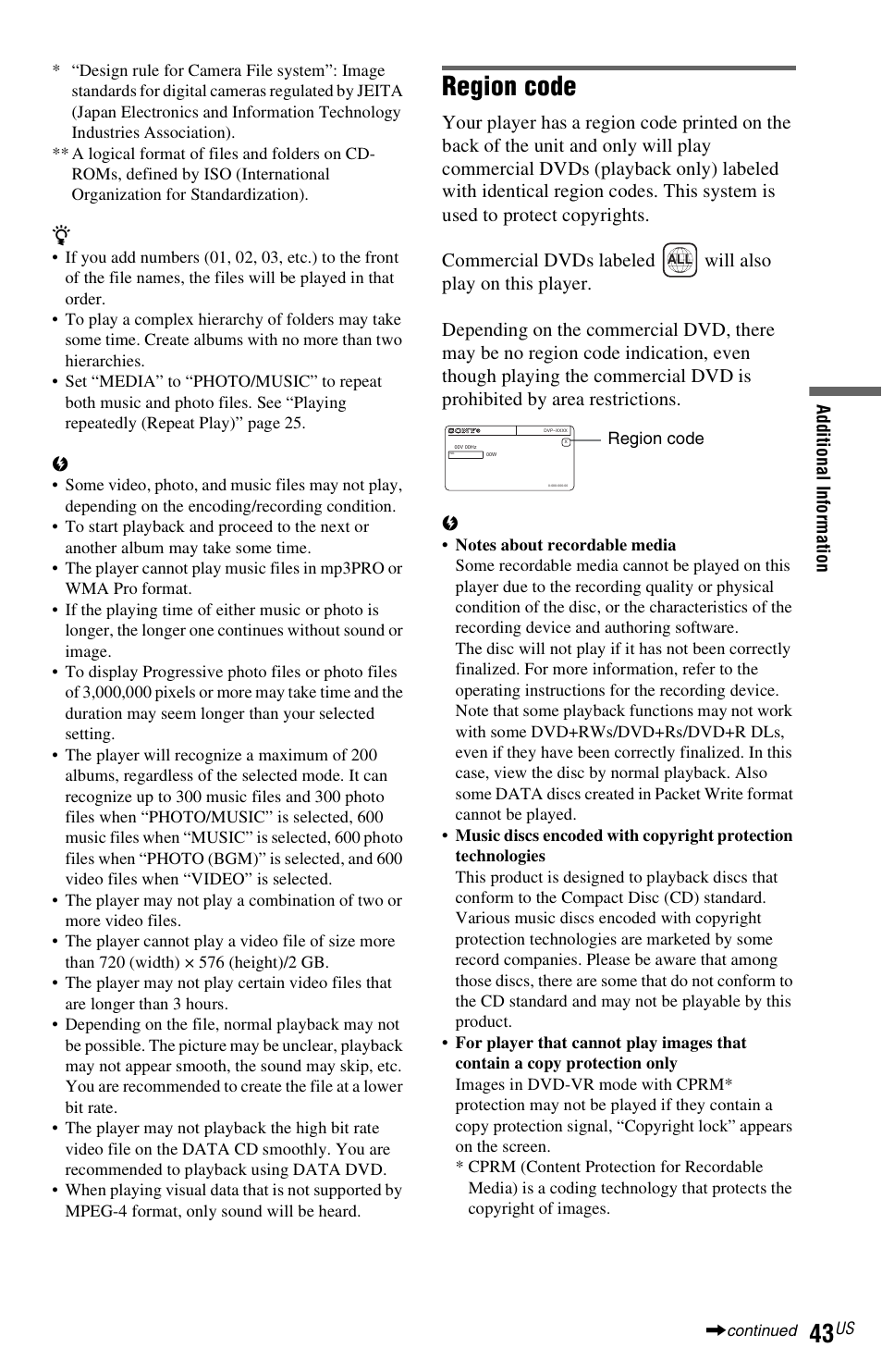 Region code | Sony DVP-NS710H User Manual | Page 43 / 60