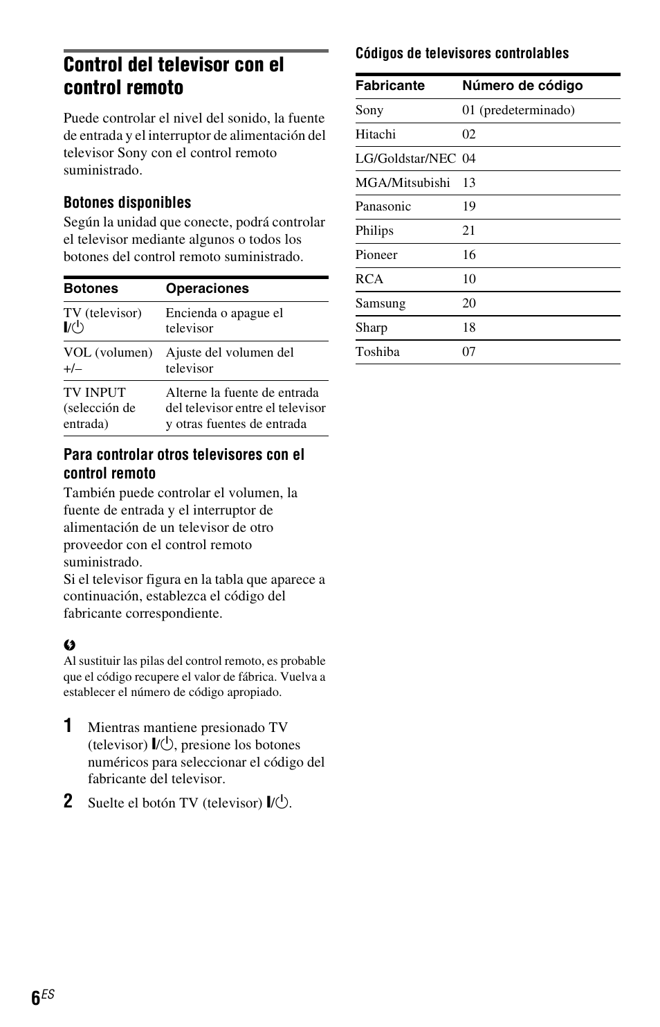 Control del televisor con el control remoto | Sony DVP-NS710H User Manual | Page 54 / 60
