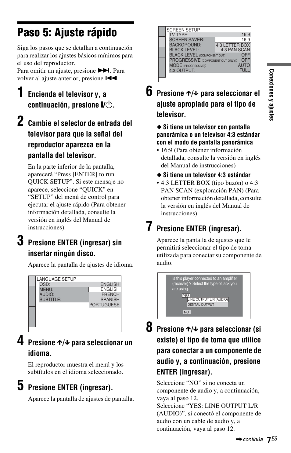 Paso 5: ajuste rápido | Sony DVP-NS710H User Manual | Page 55 / 60