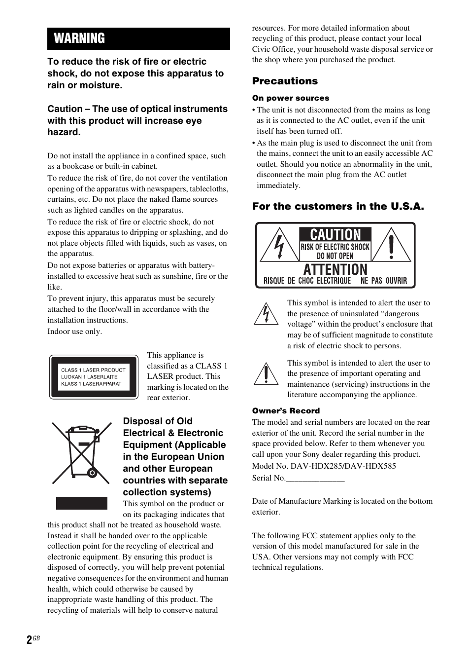 Warning | Sony DAV-HDX285 User Manual | Page 2 / 116