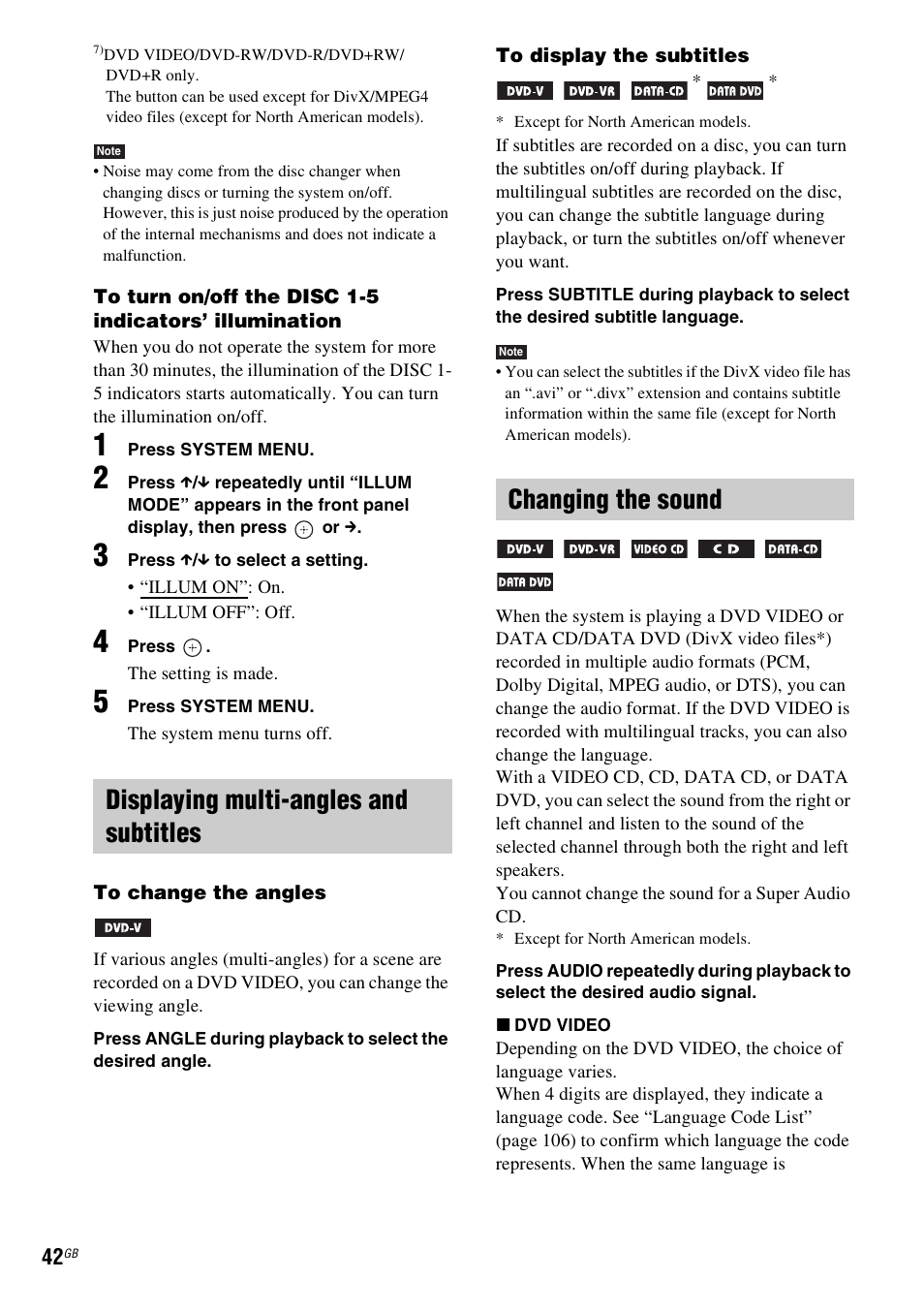 Displaying multi-angles and subtitles, Changing the sound | Sony DAV-HDX285 User Manual | Page 42 / 116