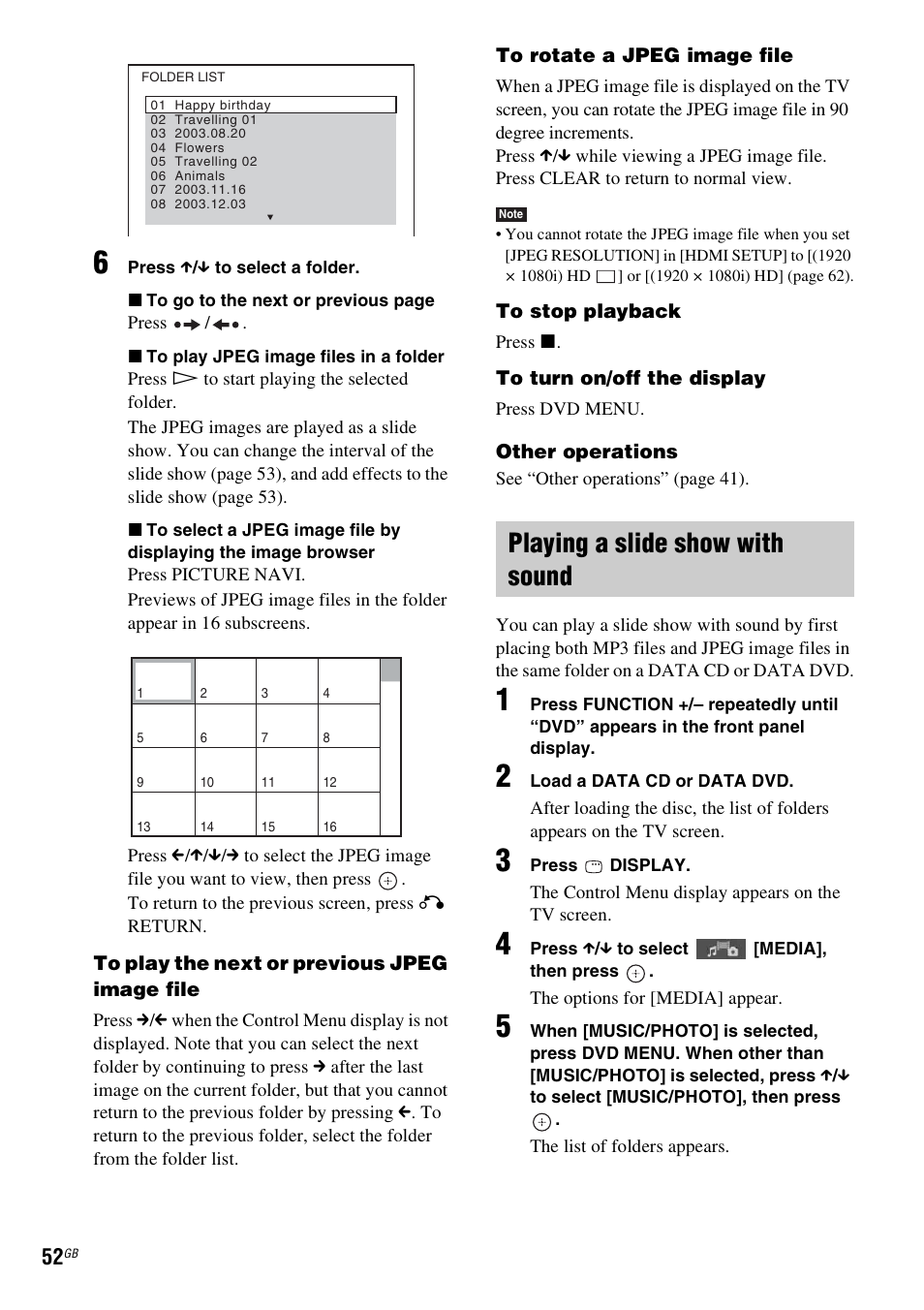 Playing a slide show with sound | Sony DAV-HDX285 User Manual | Page 52 / 116