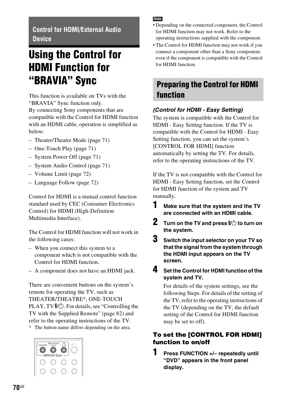 Control for hdmi/external audio device, Preparing the control for hdmi function, Using the control for hdmi function for | Bravia” sync | Sony DAV-HDX285 User Manual | Page 70 / 116