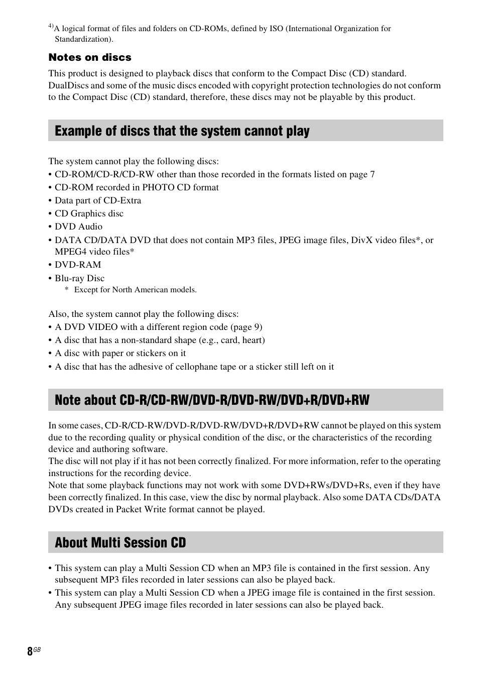 Example of discs that the system cannot play, Note about cd-r/cd-rw/dvd-r/dvd-rw/dvd+r/dvd+rw, About multi session cd | Sony DAV-HDX285 User Manual | Page 8 / 116