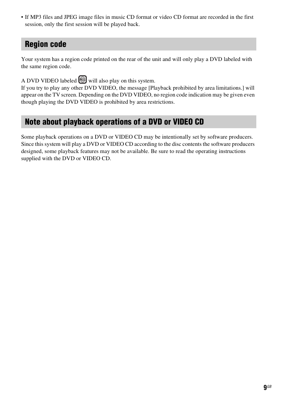 Region code | Sony DAV-HDX285 User Manual | Page 9 / 116