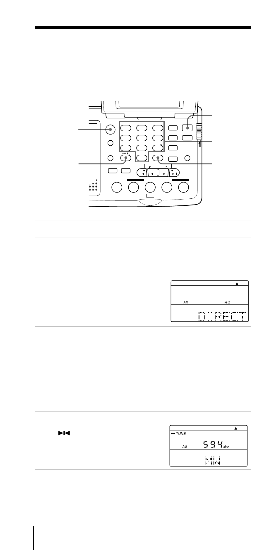 Listening to the radio, Various ways of reception, Direct tuning | Direct tuning manual tuning, Press power on/off to turn on the radio, Press fm/am to select either band, Press direct, Press exe to enter, Power on/off fm/am exe direct number buttons, Tune | Sony CF-SW07 User Manual | Page 68 / 156