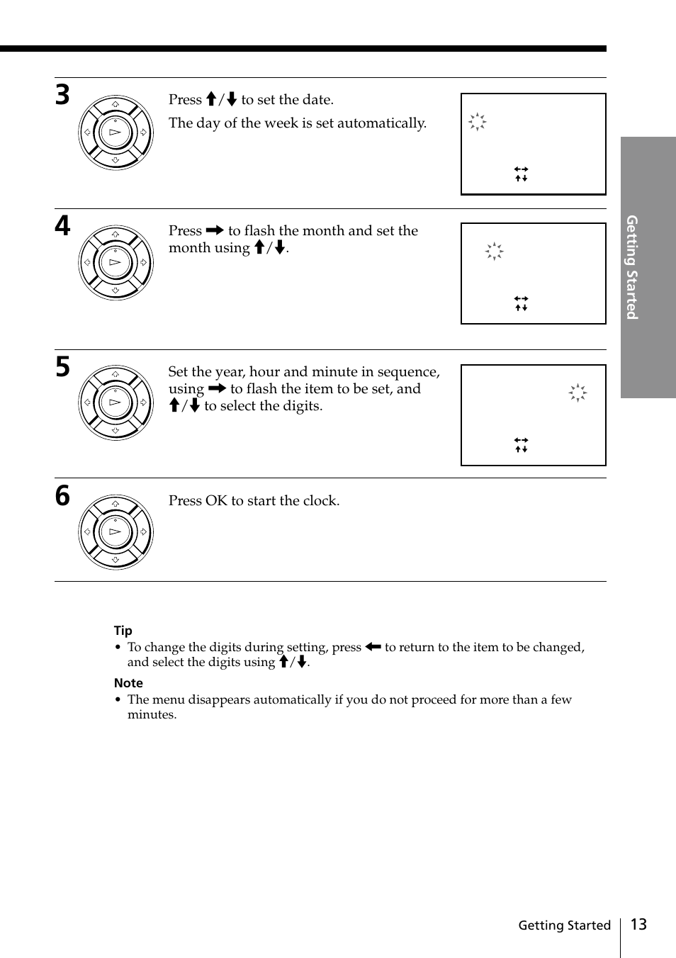 Getting started, Press ok to start the clock | Sony SLV-EZ11AZ User Manual | Page 13 / 68