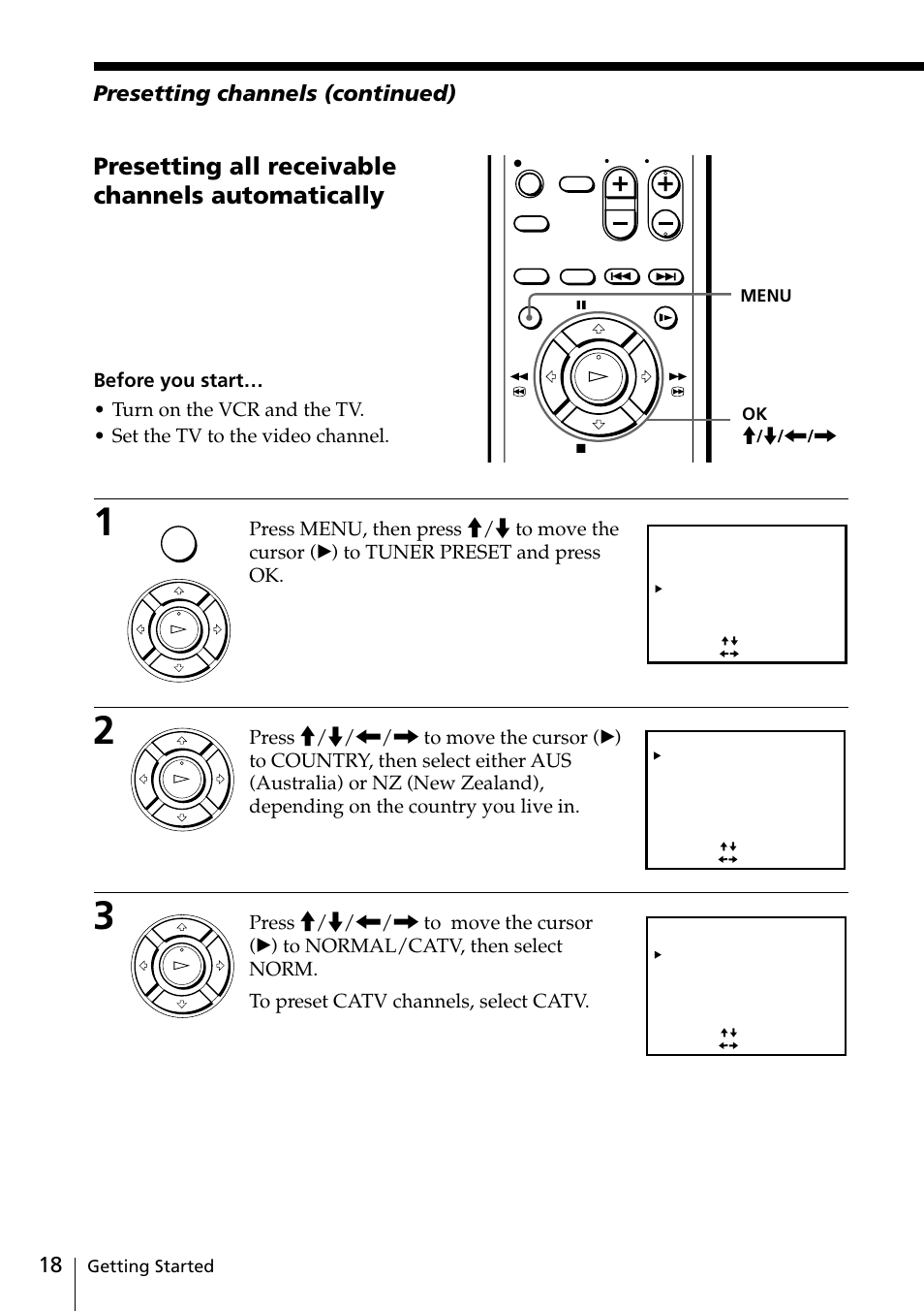Presetting all receivable channels automatically, 18 presetting channels (continued), Getting started | Menu ok m / m | Sony SLV-EZ11AZ User Manual | Page 18 / 68