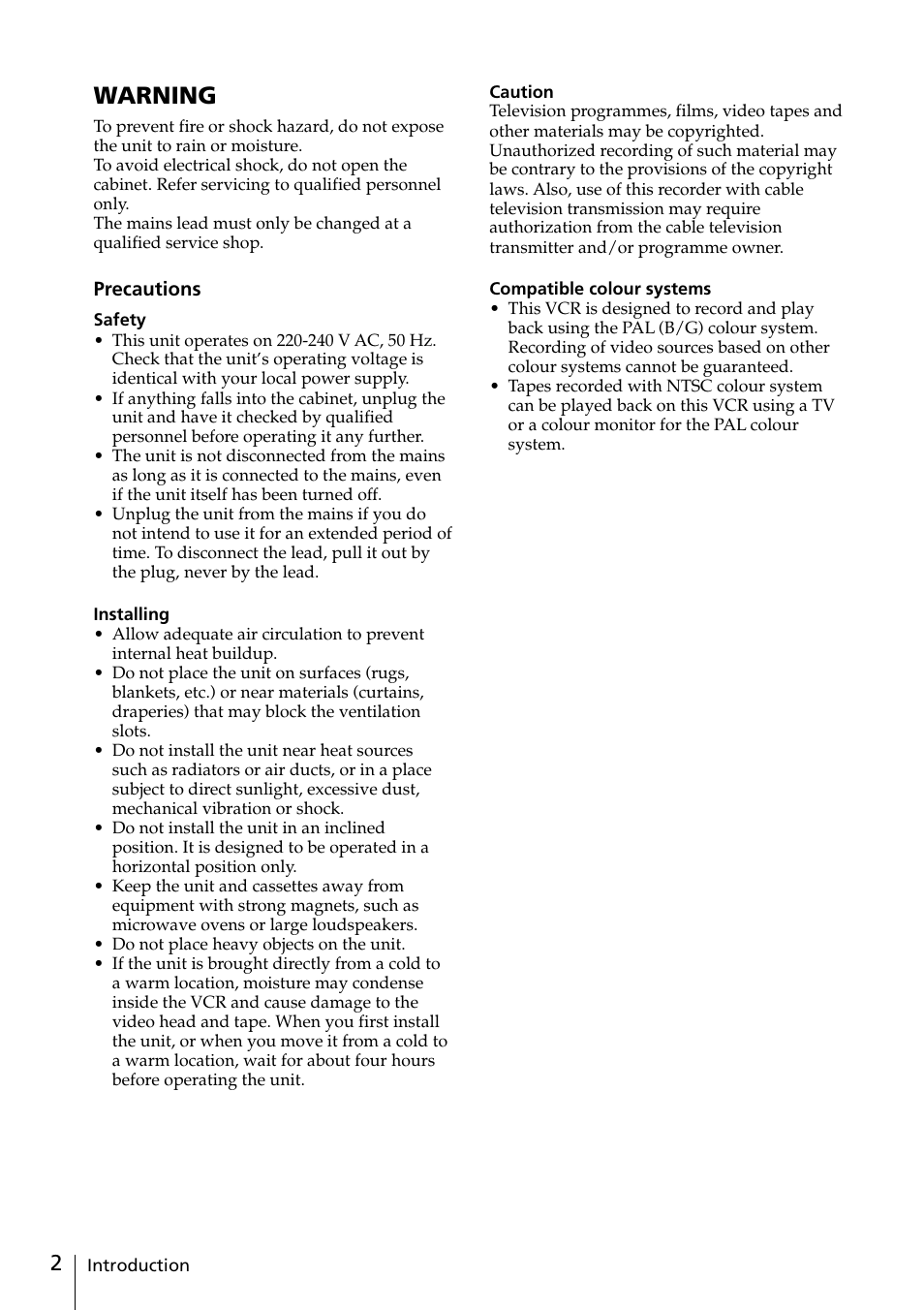 Warning | Sony SLV-EZ11AZ User Manual | Page 2 / 68