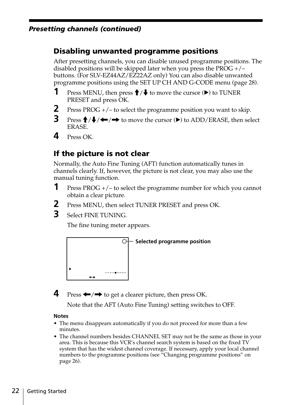 Disabling unwanted programme positions, If the picture is not clear, Presetting channels (continued) | Sony SLV-EZ11AZ User Manual | Page 22 / 68
