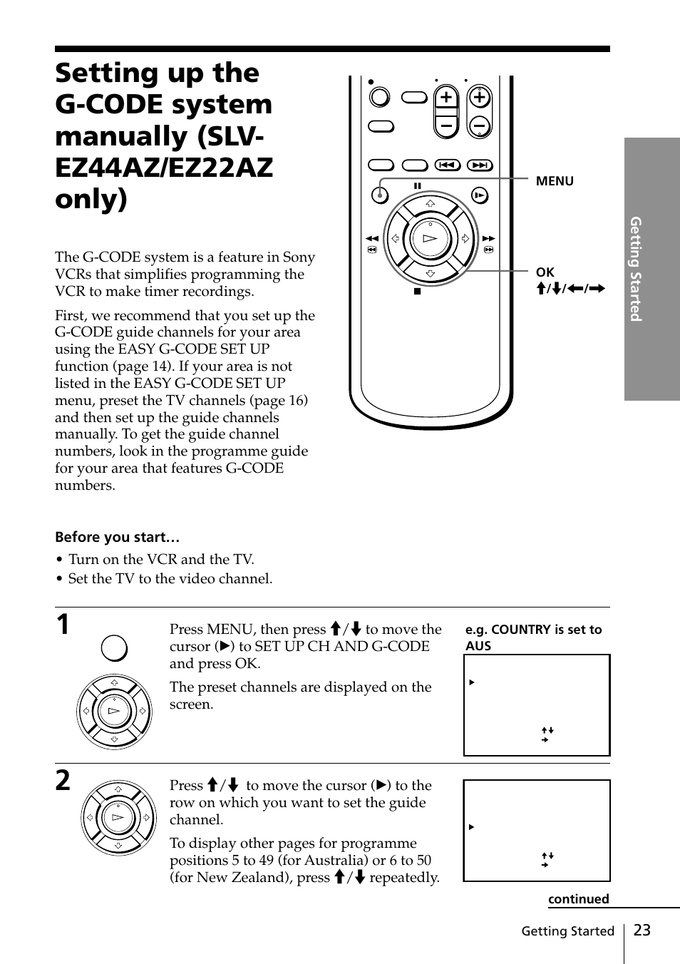 Getting started, Menu, Ok m / m | Continued, E.g. country is set to aus | Sony SLV-EZ11AZ User Manual | Page 23 / 68